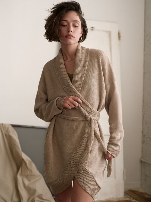 rafaiel slowfashion handmade artisanal knitwear nyc humanist cardigan artisanal knit linen jacket dune 1