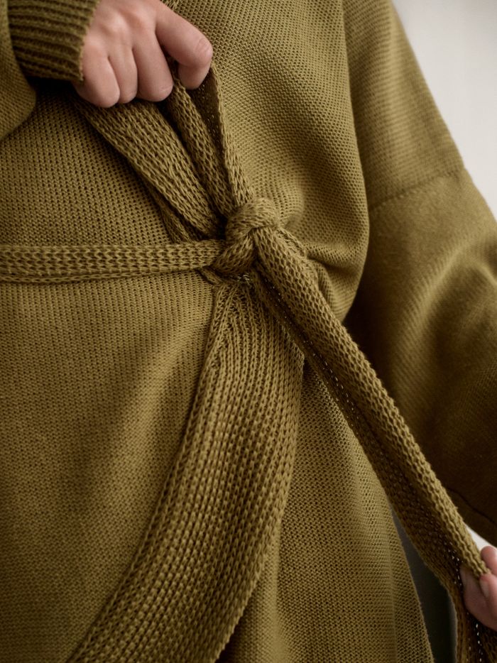 rafaiel slowfashion handmade artisanal knitwear nyc humanist cardigan artisanal knit linen jacket olive 4