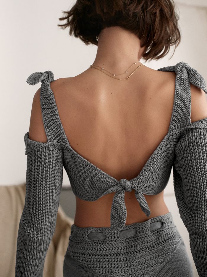rafaiel slowfashion handmade artisanal knitwear nyc tie sweater organic cotton sweater steel blue 2