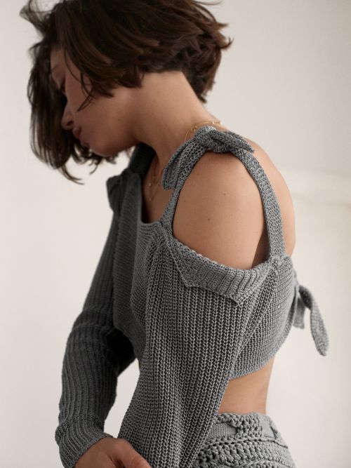 rafaiel slowfashion handmade artisanal knitwear nyc tie sweater organic cotton sweater steel blue 3